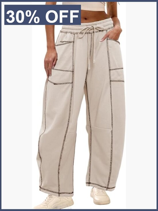 Pants - Baggy Barrel Pants Wide Leg Lounge Drawstring Sweatpants with Pockets
